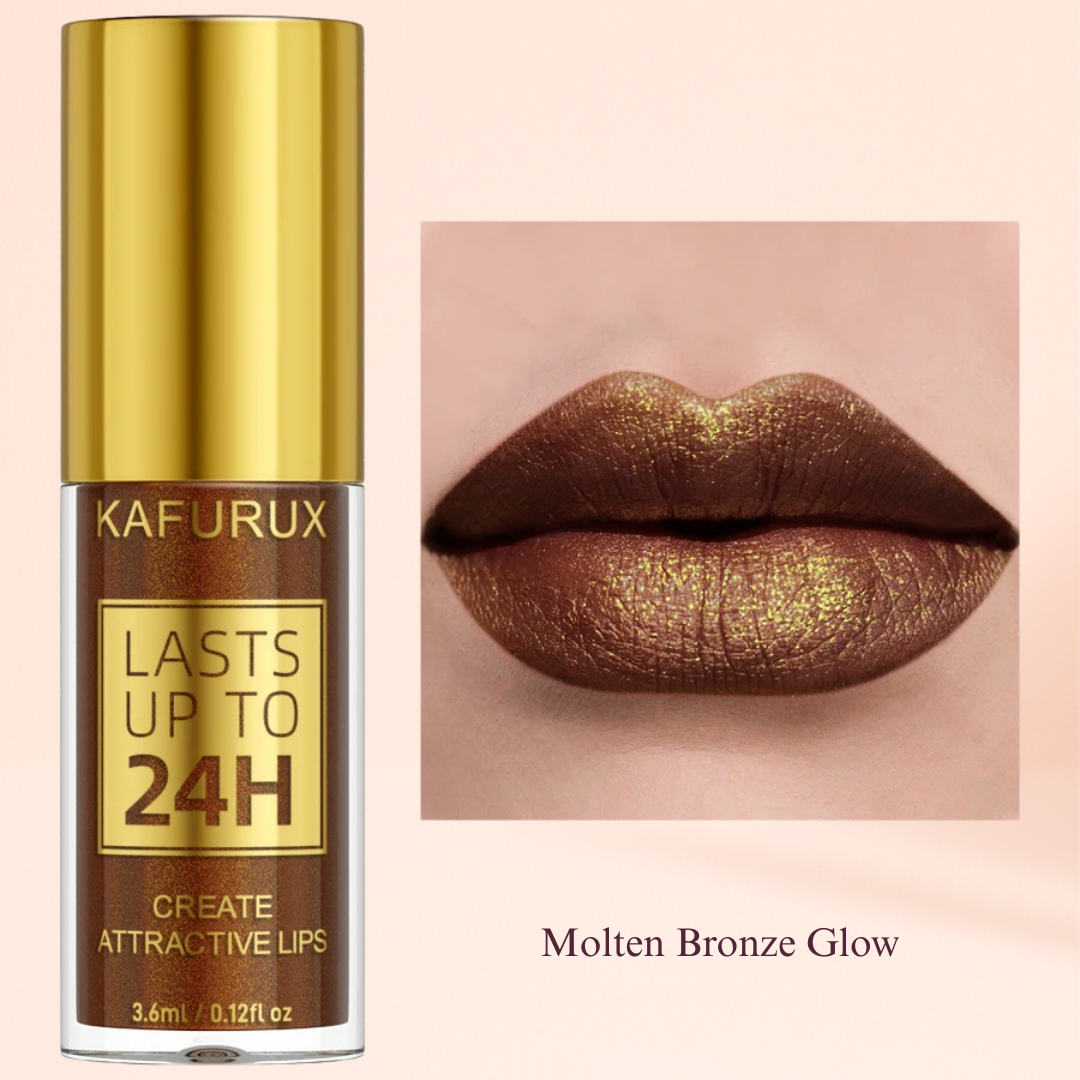 KAFURUX Bold Metallic Pearlescent Lip Glaze – Waterproof Long‑Lasting Glitter Lip Tint in 14 Shades (1 pc) - KAFURUX