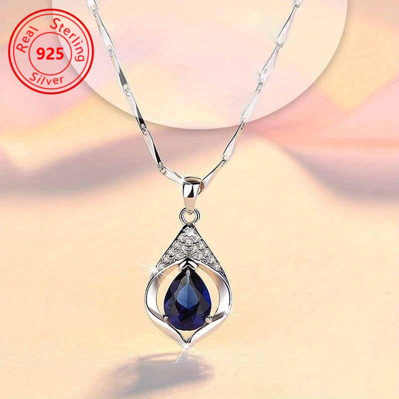 Collar de plata de ley con circonita azul en forma de lágrima