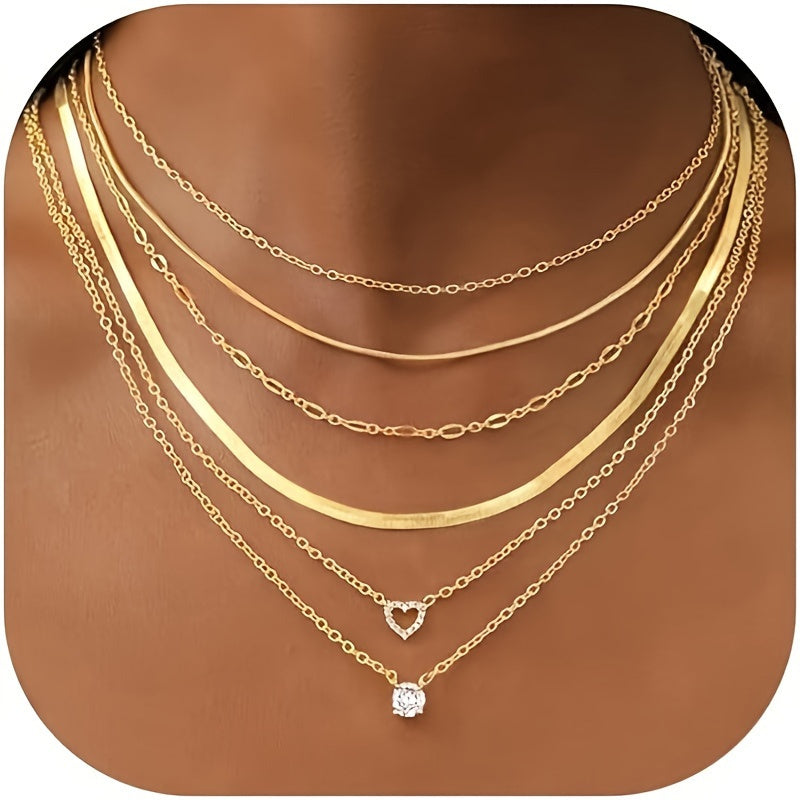 Conjunto de 6 delicados collares con cadena de serpiente en capas y colgante de corazón
