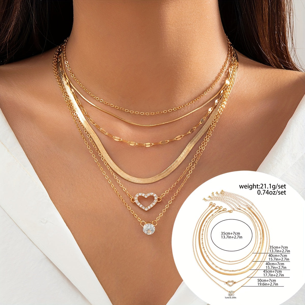 Conjunto de 6 delicados collares con cadena de serpiente en capas y colgante de corazón