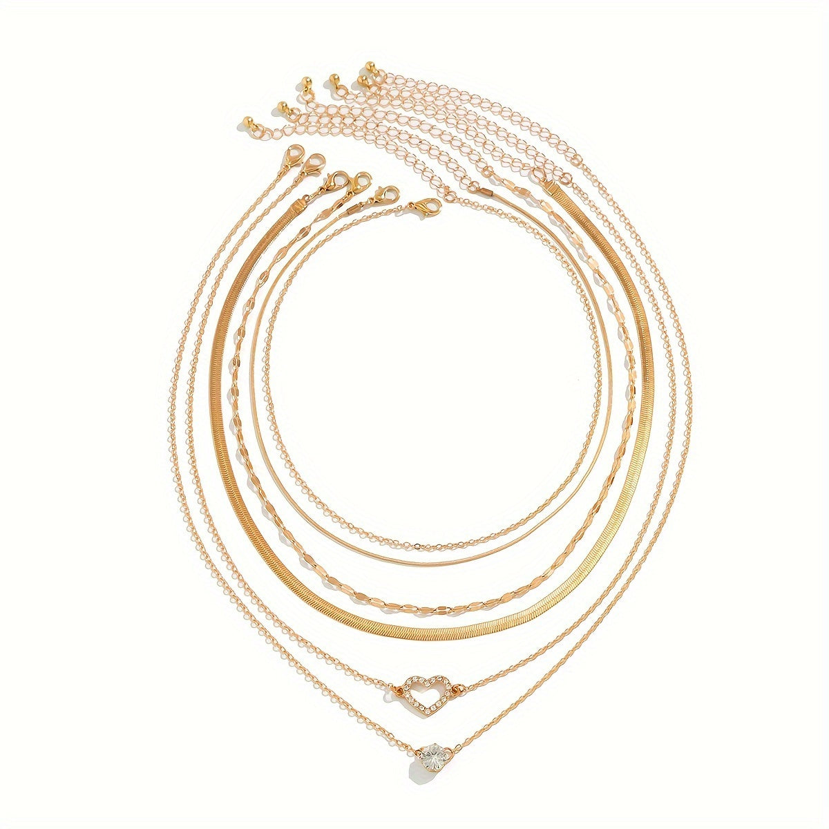 Conjunto de 6 delicados collares con cadena de serpiente en capas y colgante de corazón