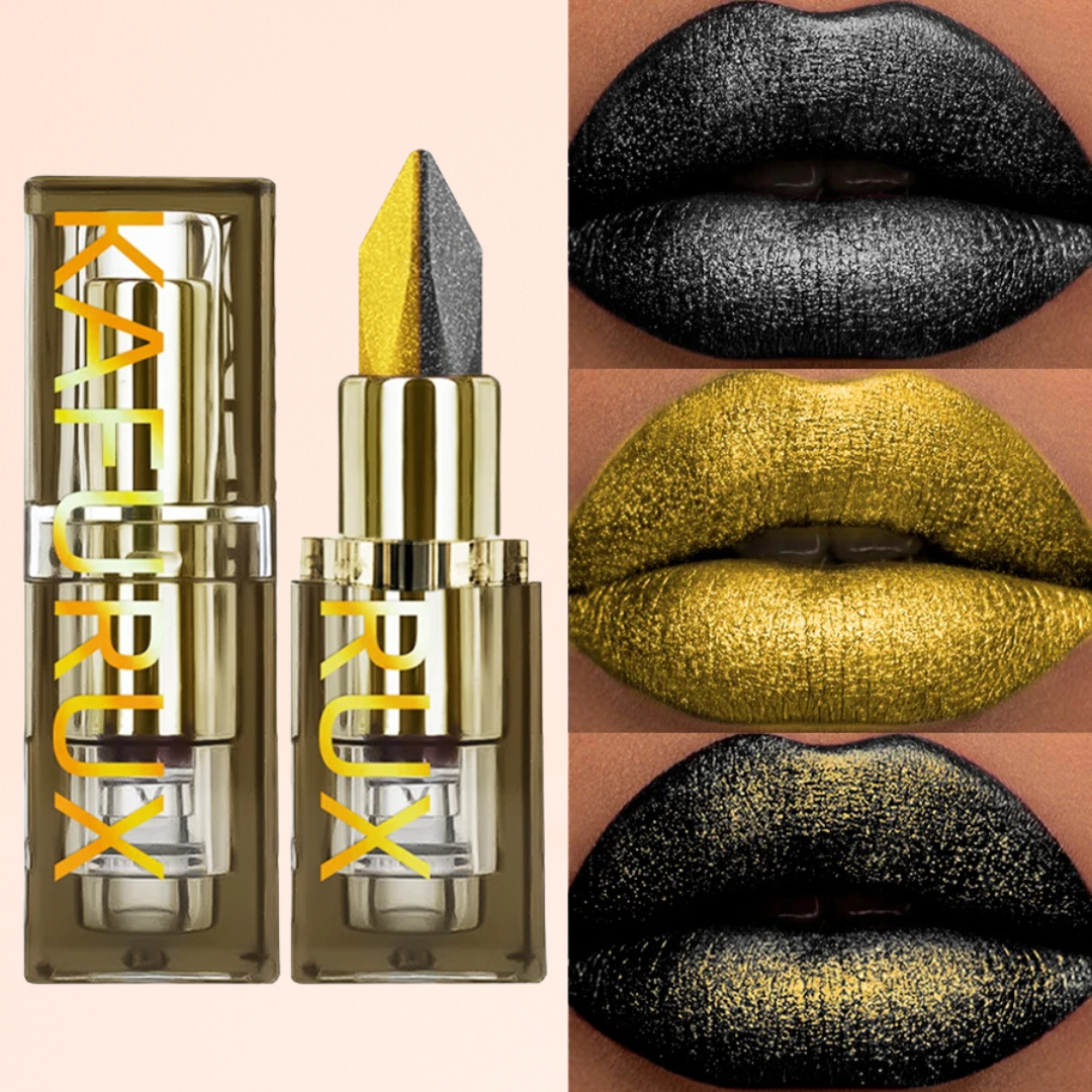 KAFURUX Midnight Gold Dual-Tone Glitter Lipstick – Black & Yellow Matte Tint for Lips & Eyes