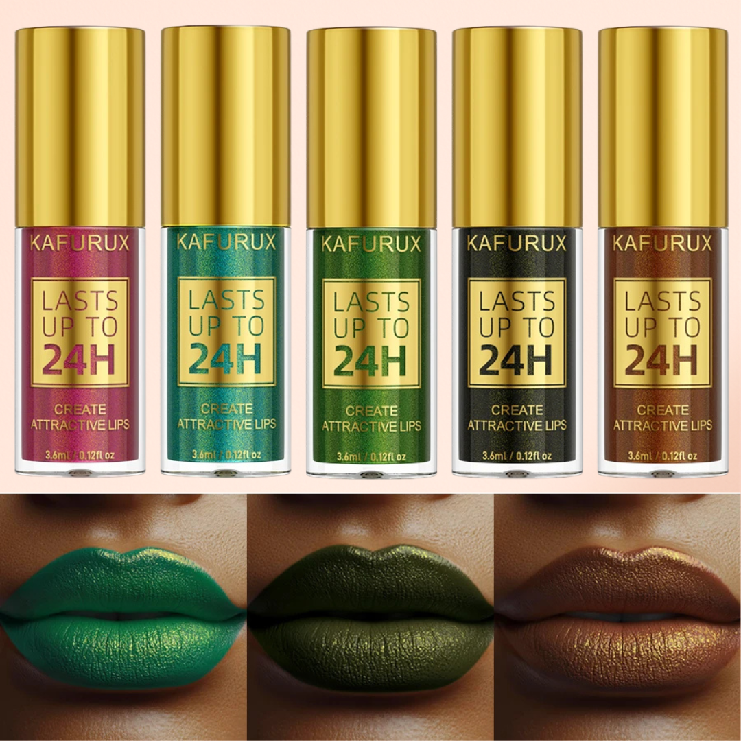 KAFURUX Bold Metallic Pearlescent Lip Glaze – Waterproof Long‑Lasting Glitter Lip Tint in 14 Shades (1 pc)