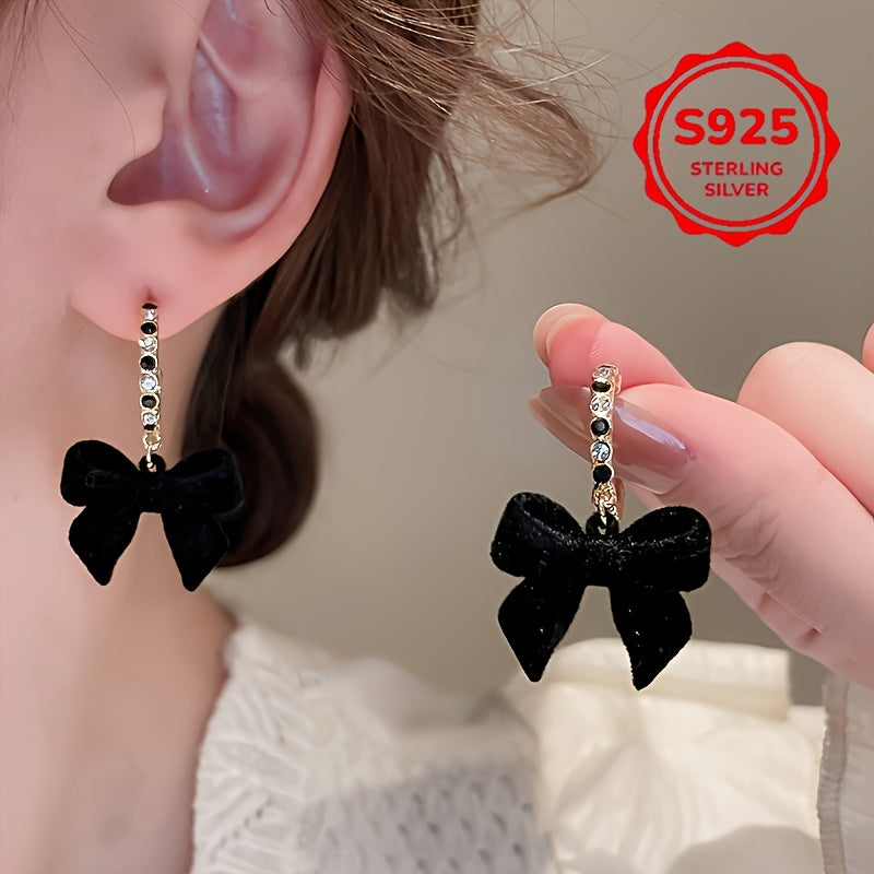 Vintage Black Velvet Bow Dangle Earrings