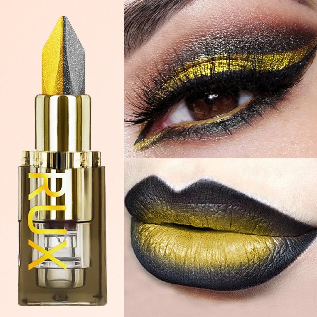 KAFURUX Midnight Gold Dual-Tone Glitter Lipstick – Black & Yellow Matte Tint for Lips & Eyes