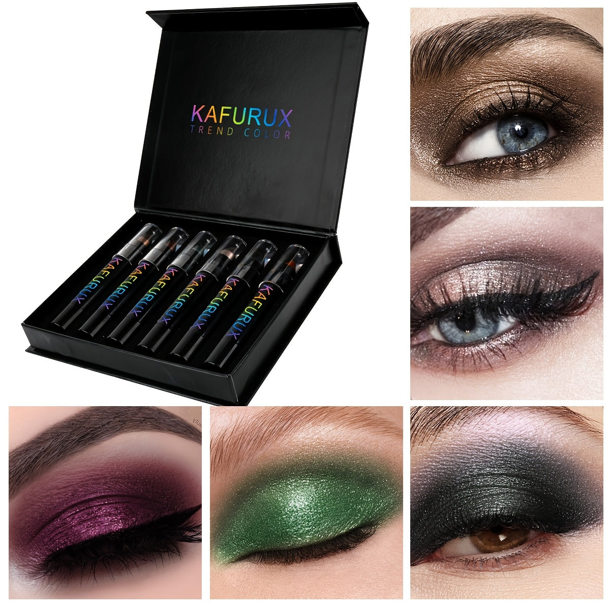 6pcs KAIFUXI Eyeshadow Pencil Set - Vibrant, Long-Lasting Colors in Brown, Purple, Green & Black, Matte & Shimmer Finishes, Non-Sticky, Perfect for All Occasions
