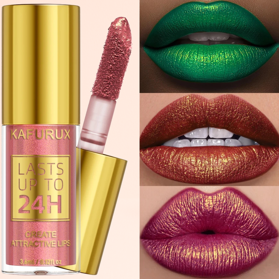 KAFURUX Bold Metallic Pearlescent Lip Glaze – Waterproof Long‑Lasting Glitter Lip Tint in 14 Shades (1 pc)