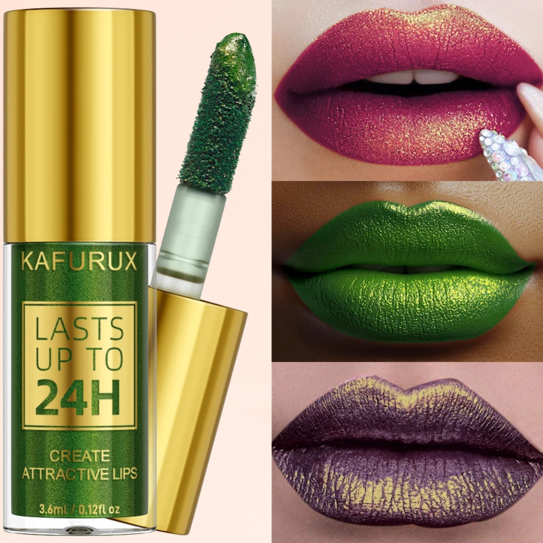 KAFURUX Bold Metallic Pearlescent Lip Glaze – Waterproof Long‑Lasting Glitter Lip Tint in 14 Shades (1 pc)