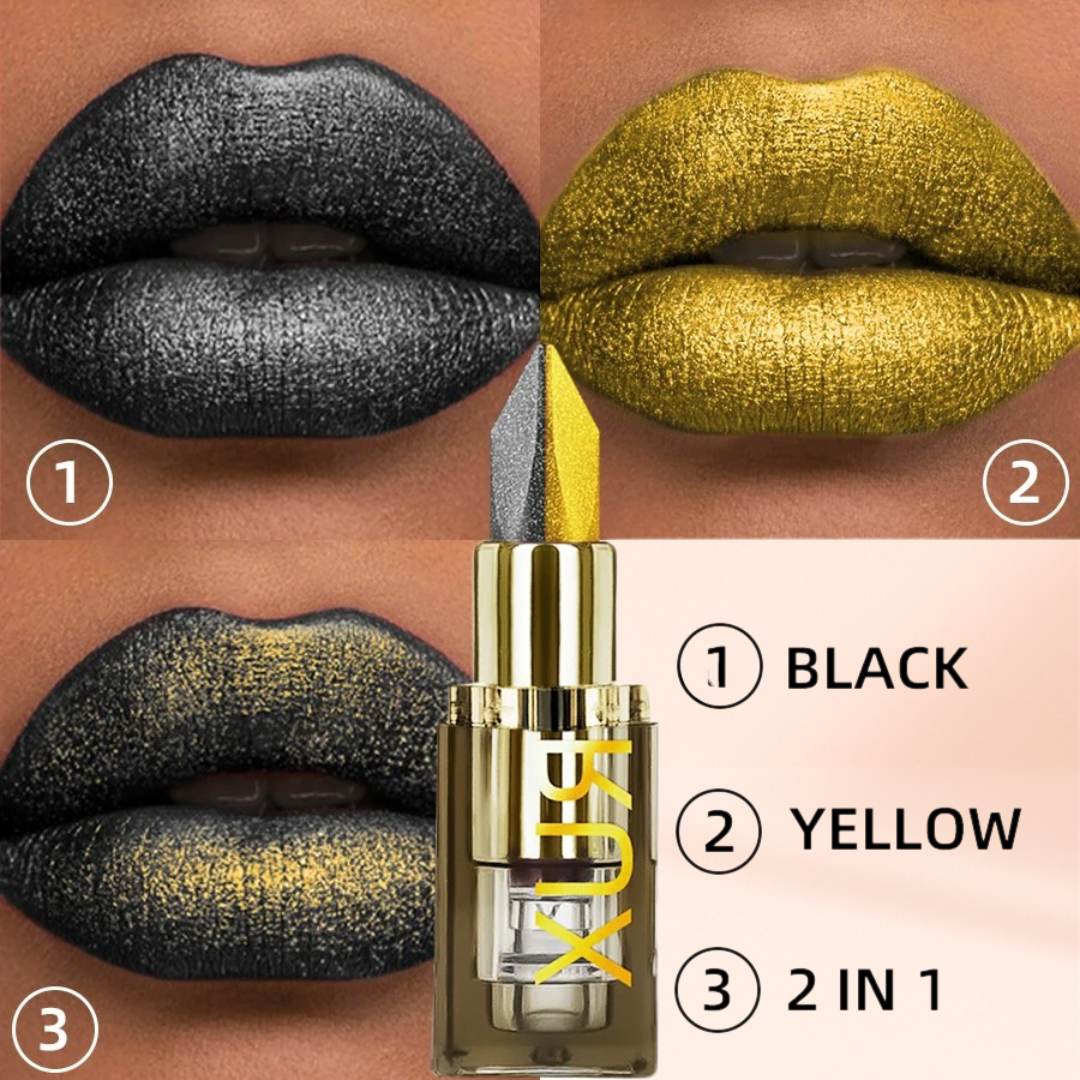 KAFURUX Midnight Gold Dual-Tone Glitter Lipstick – Black & Yellow Matte Tint for Lips & Eyes
