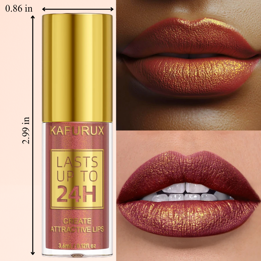 KAFURUX Bold Metallic Pearlescent Lip Glaze – Waterproof Long‑Lasting Glitter Lip Tint in 14 Shades (1 pc)