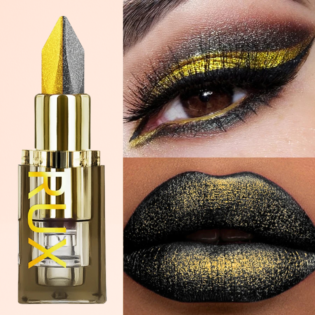 KAFURUX Midnight Gold Dual-Tone Glitter Lipstick – Black & Yellow Matte Tint for Lips & Eyes