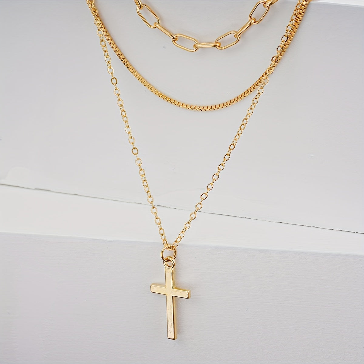 Conjunto de collar con colgante de cruz bañado en oro 3 en 1