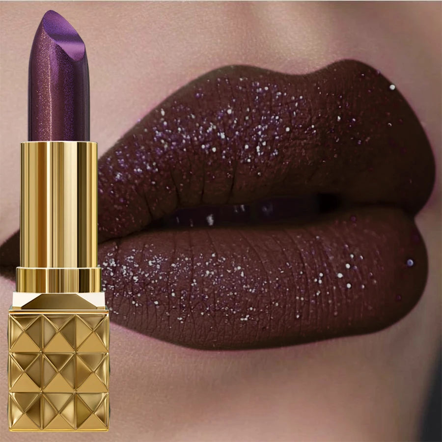 1pc Sexy Glitter Shiny Brow Red Lipstick Metallic Lip Tint, Long Lasting Lip Senior Matte Lip Makeup Gifts for Women Cosmetics