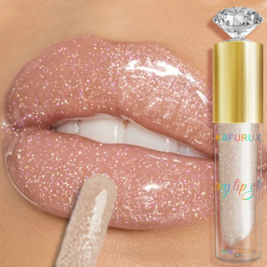 KAFURUX Moisturizing Diamond Shimmer Lip Gloss – Sparkling Pearl-Glam Liquid Lipstick in 9 Glitter Shades (1 pc)