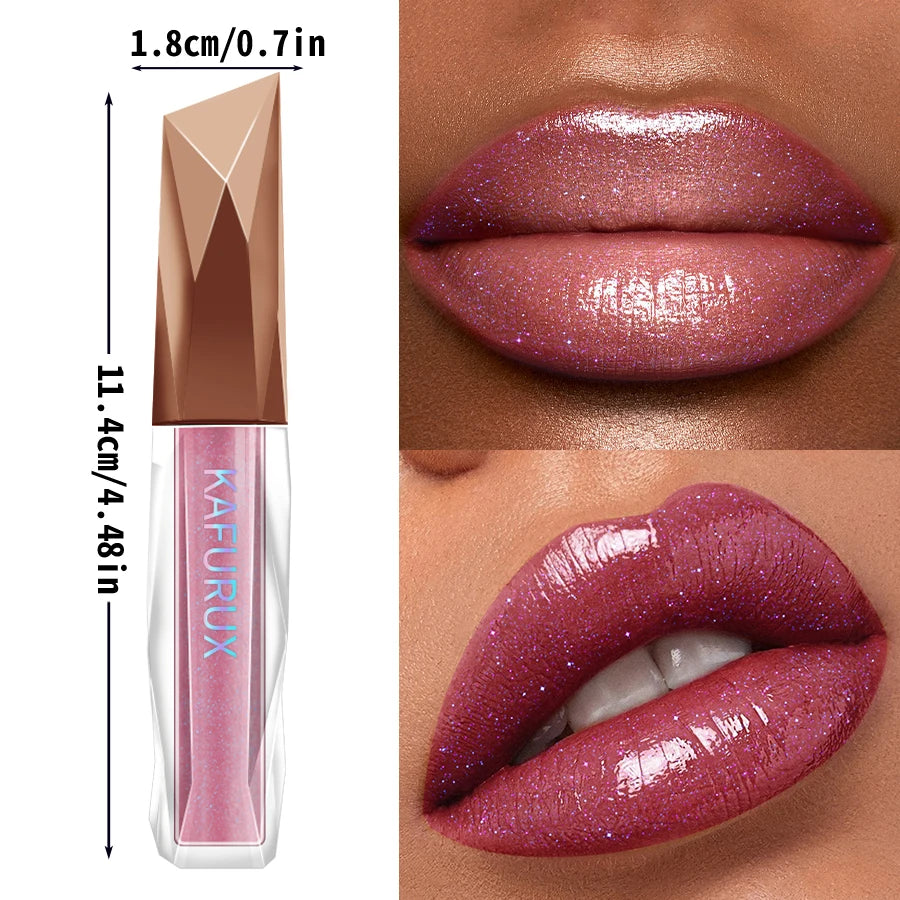 1pc KAFURUX Moisturizing Plump & Sparkling Lip Gloss – Water‑Glossy Mirror Lip Glaze with Glitter (6 Color Variants)