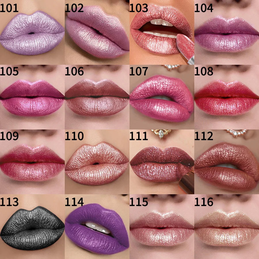 16 colors Bold& Intense Glitter Shiny Metallic Lipstick Pearlescent Lip Tint, Long lasting Lip Makeup Gifts for Women Cosmetics