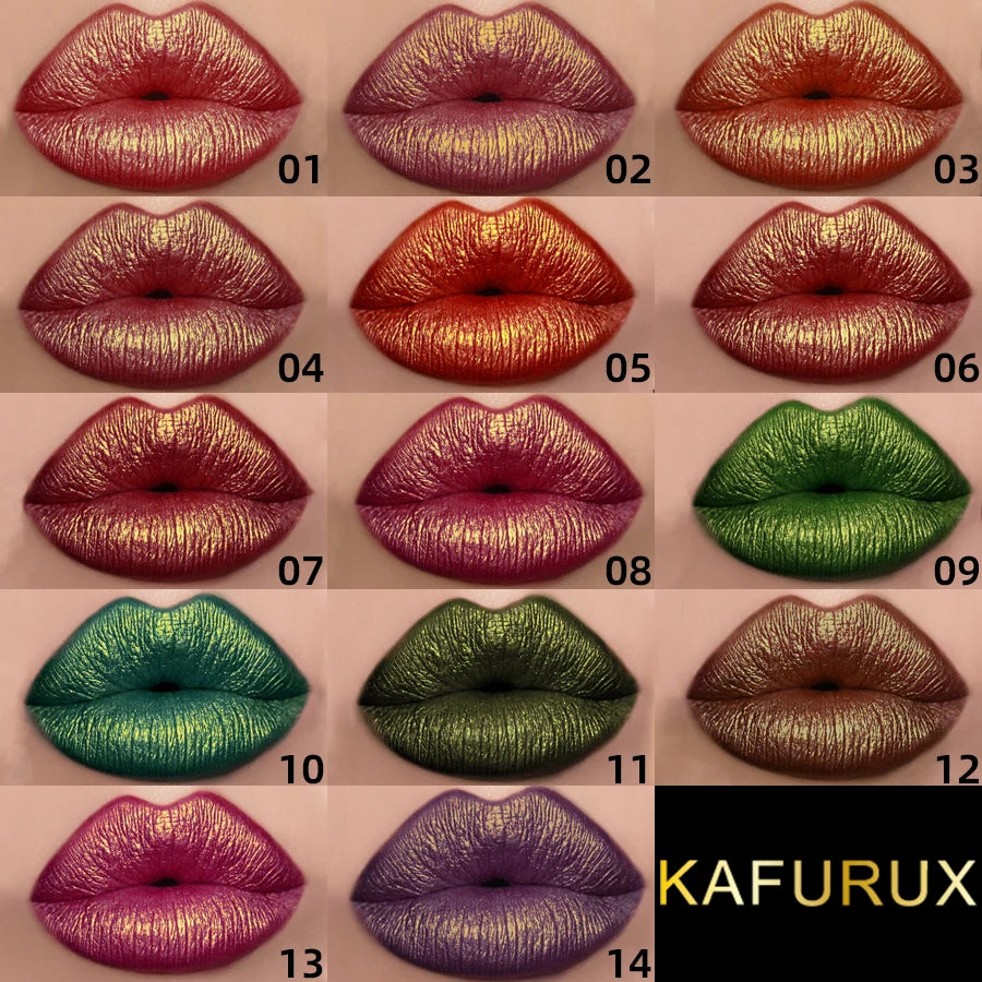 KAFURUX Bold Metallic Pearlescent Lip Glaze – Waterproof Long‑Lasting Glitter Lip Tint in 14 Shades (1 pc)