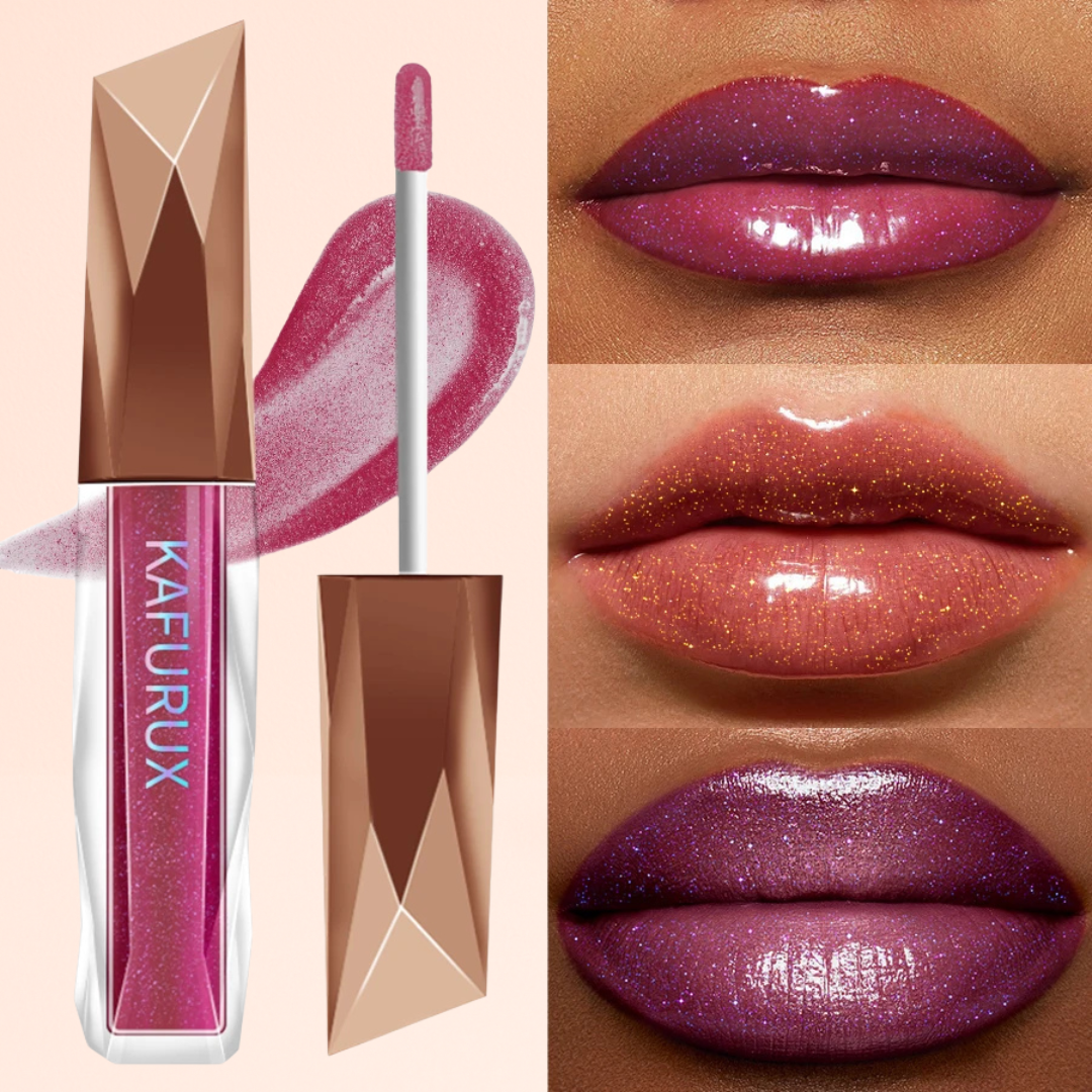 1pc KAFURUX Moisturizing Plump & Sparkling Lip Gloss – Water‑Glossy Mirror Lip Glaze with Glitter (6 Color Variants)