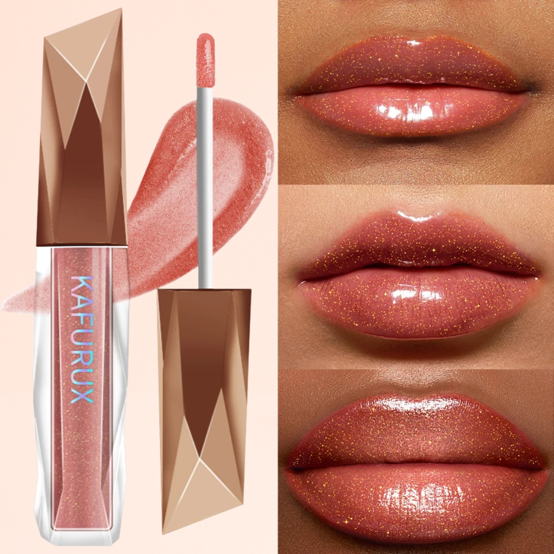 1pc KAFURUX Moisturizing Plump & Sparkling Lip Gloss – Water‑Glossy Mirror Lip Glaze with Glitter (6 Color Variants)