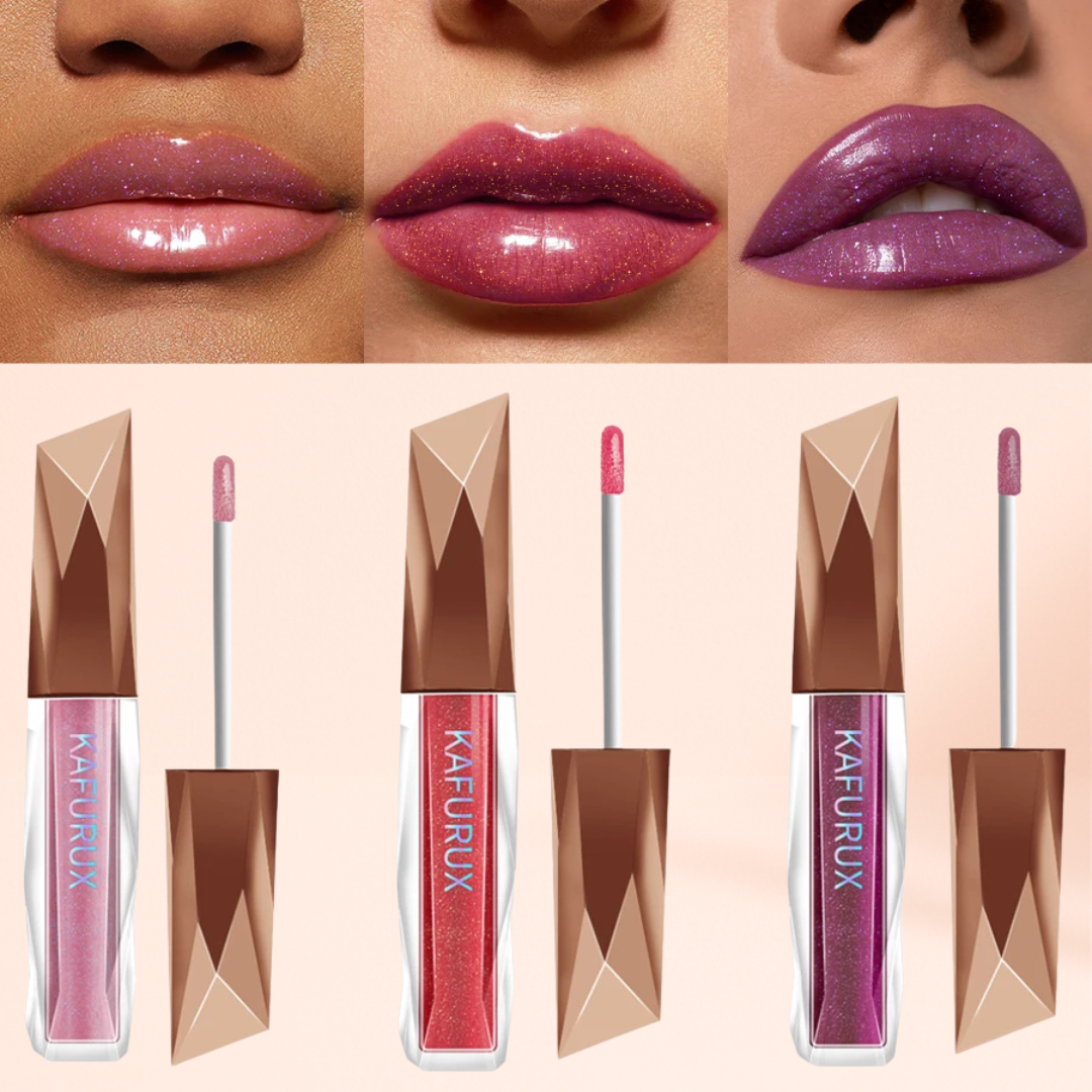 1pc KAFURUX Moisturizing Plump & Sparkling Lip Gloss – Water‑Glossy Mirror Lip Glaze with Glitter (6 Color Variants)