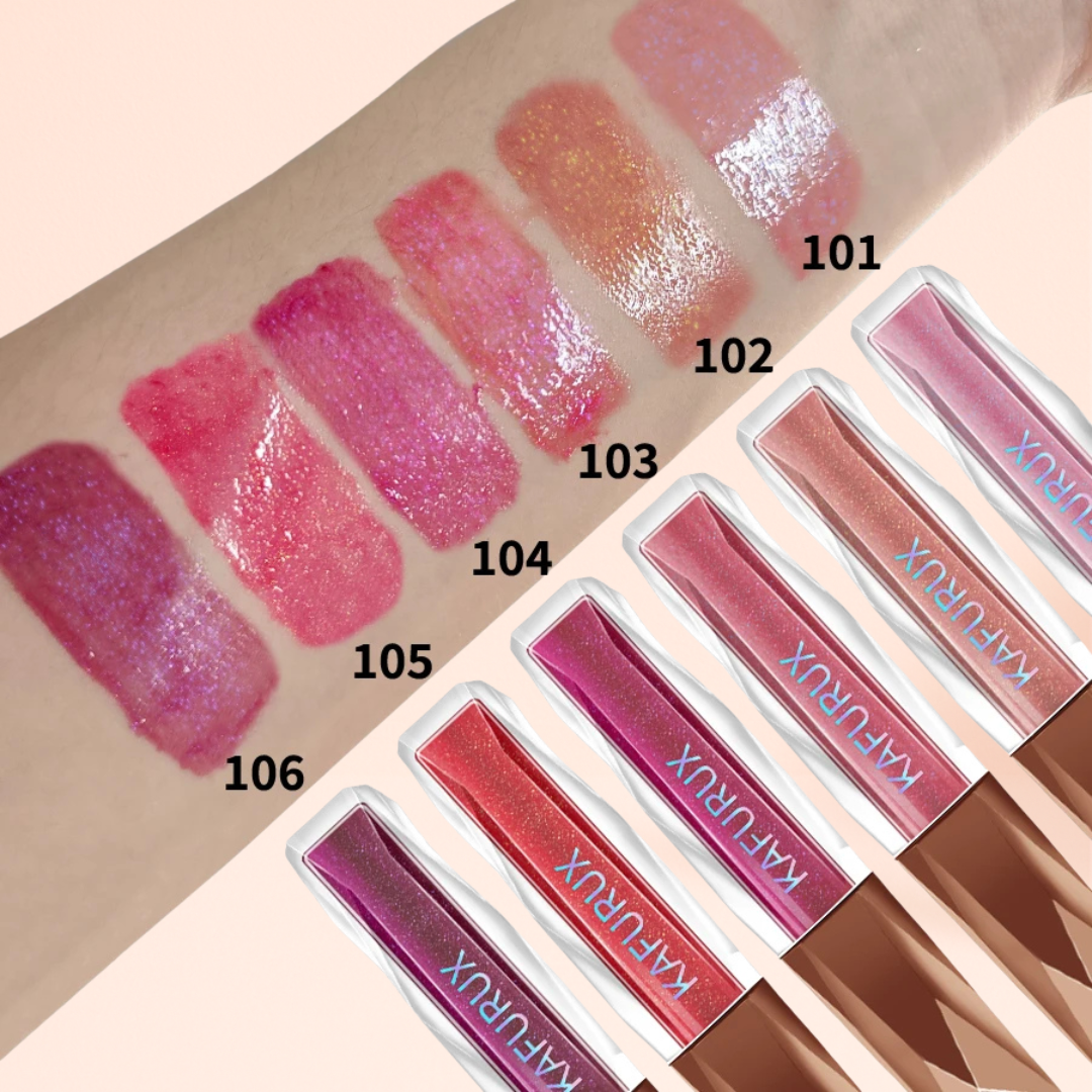 1pc KAFURUX Moisturizing Plump & Sparkling Lip Gloss – Water‑Glossy Mirror Lip Glaze with Glitter (6 Color Variants)
