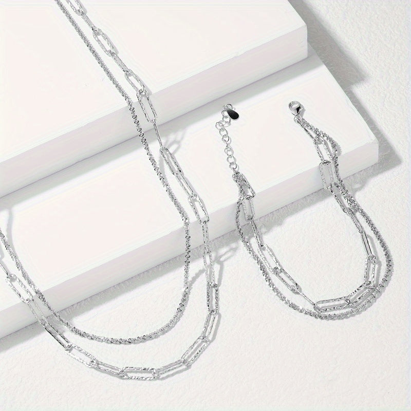 Conjunto de collar y pulsera multicapa de plata de ley S925