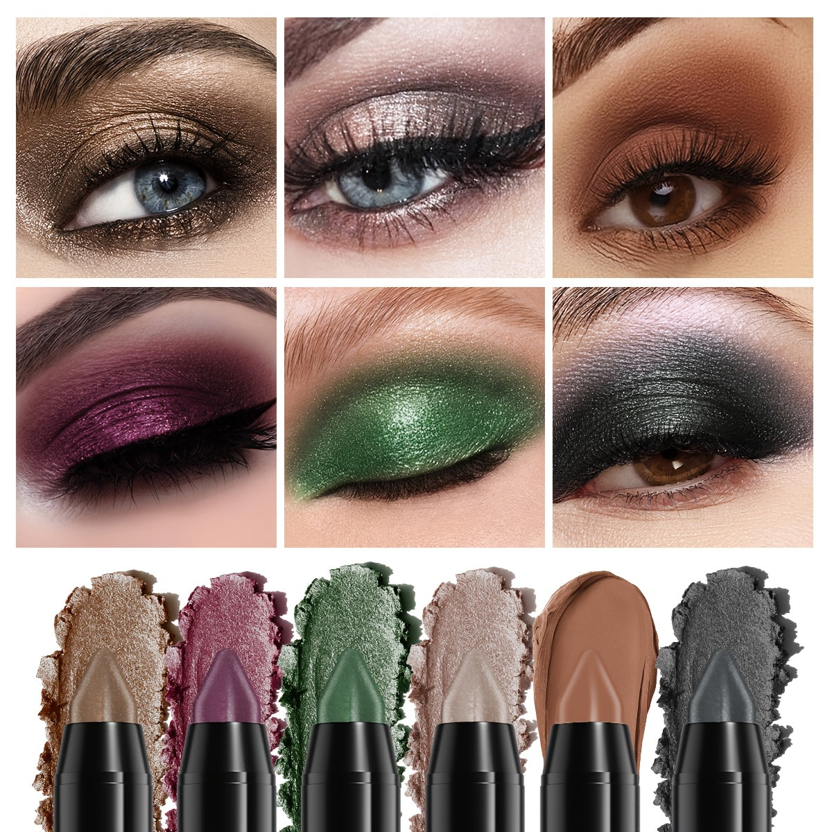 6pcs KAIFUXI Eyeshadow Pencil Set - Vibrant, Long-Lasting Colors in Brown, Purple, Green & Black, Matte & Shimmer Finishes, Non-Sticky, Perfect for All Occasions