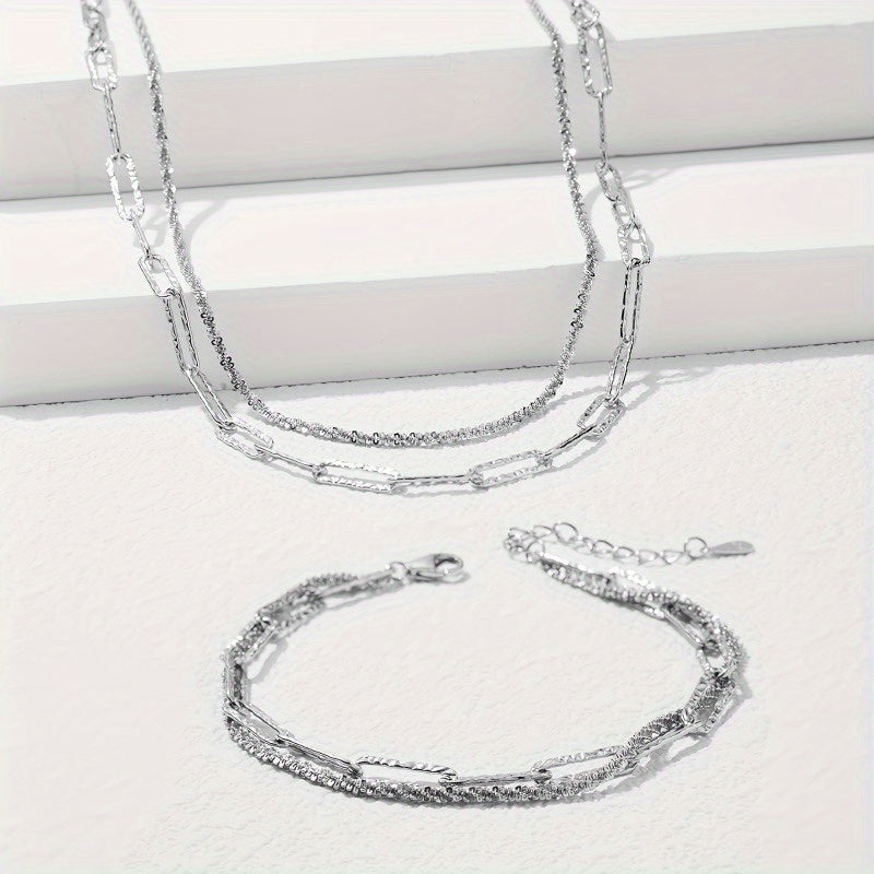 Conjunto de collar y pulsera multicapa de plata de ley S925