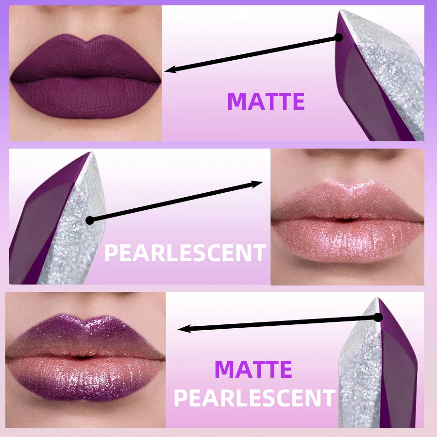 Close-up of lipstick bullet showing matte and pearlescent dual-tip finish with swatch results