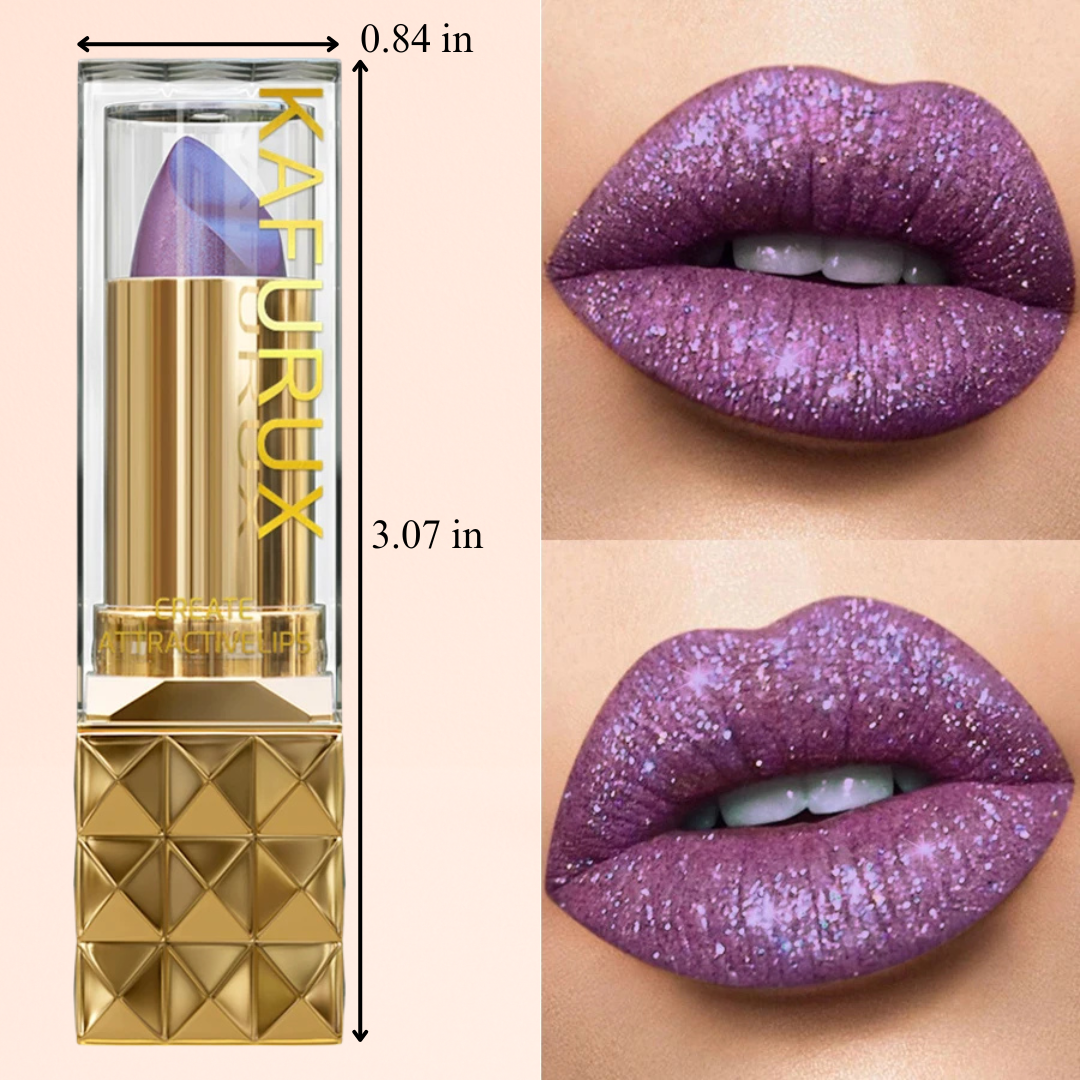 Glittery Purple Lips Wearing KAFURUX Galaxy Glow Lipstick - Long Lasting Shimmer Makeup for Women UK USA