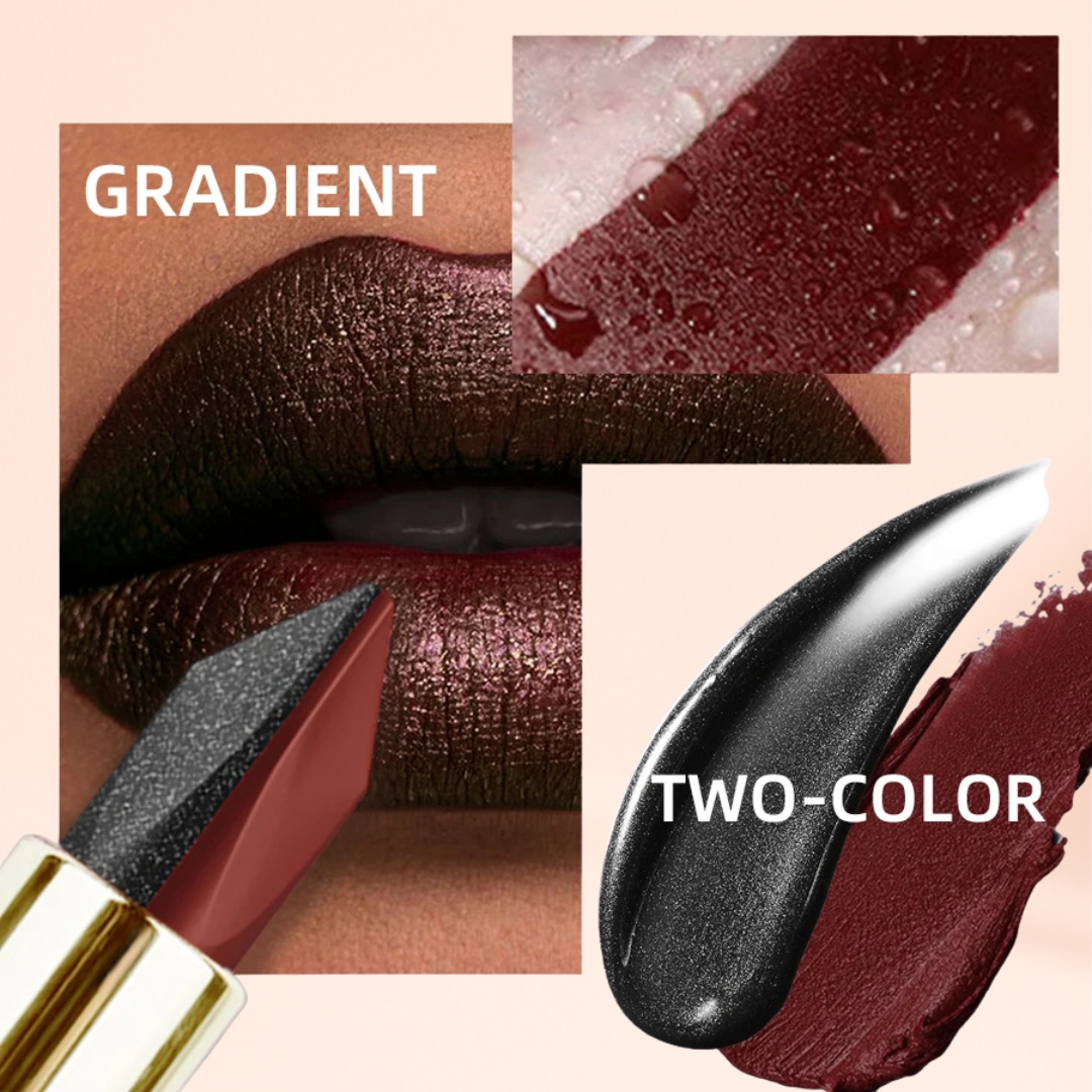 Gradient effect lipstick showcasing black and red shades with shimmer finish