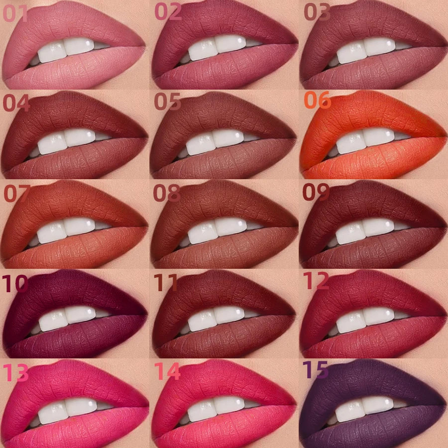 Swatch comparison of all 15 shades of KAFURUX waterproof matte lipstick on lips