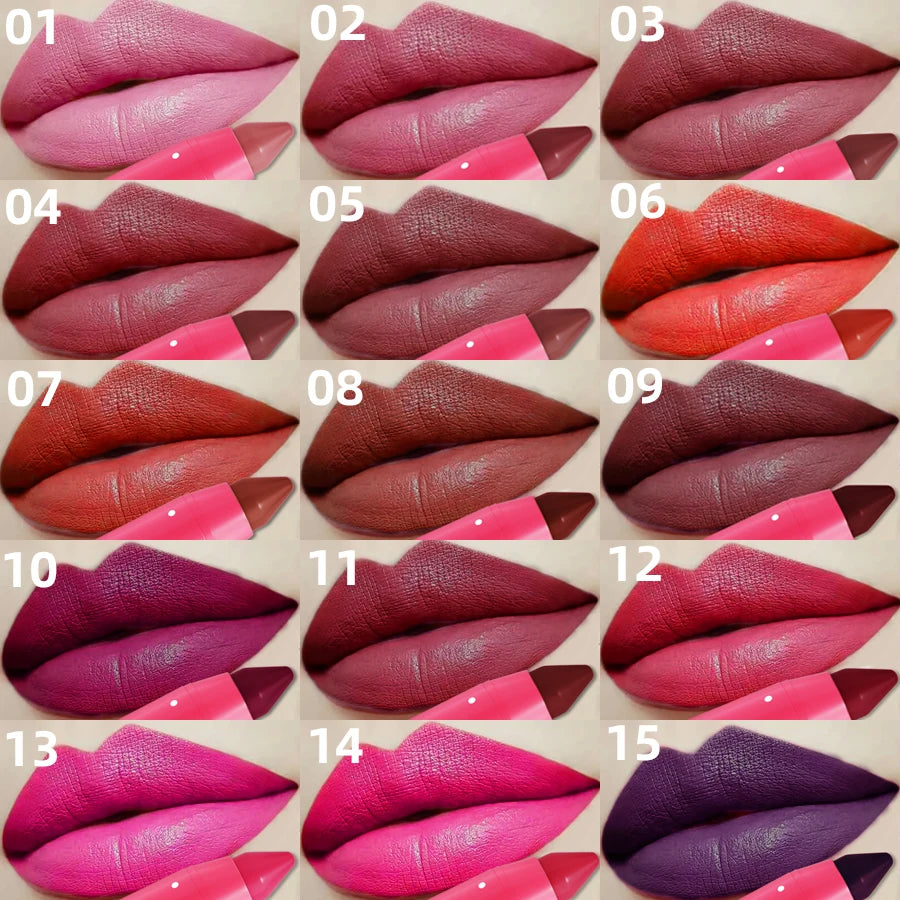 KAFURUX Matte Lipstick Pencil – Complete 15 shade collection of KAFURUX matte lipstick pencils – waterproof nude, red, pink, and purple lip tints for EU, UK, USA