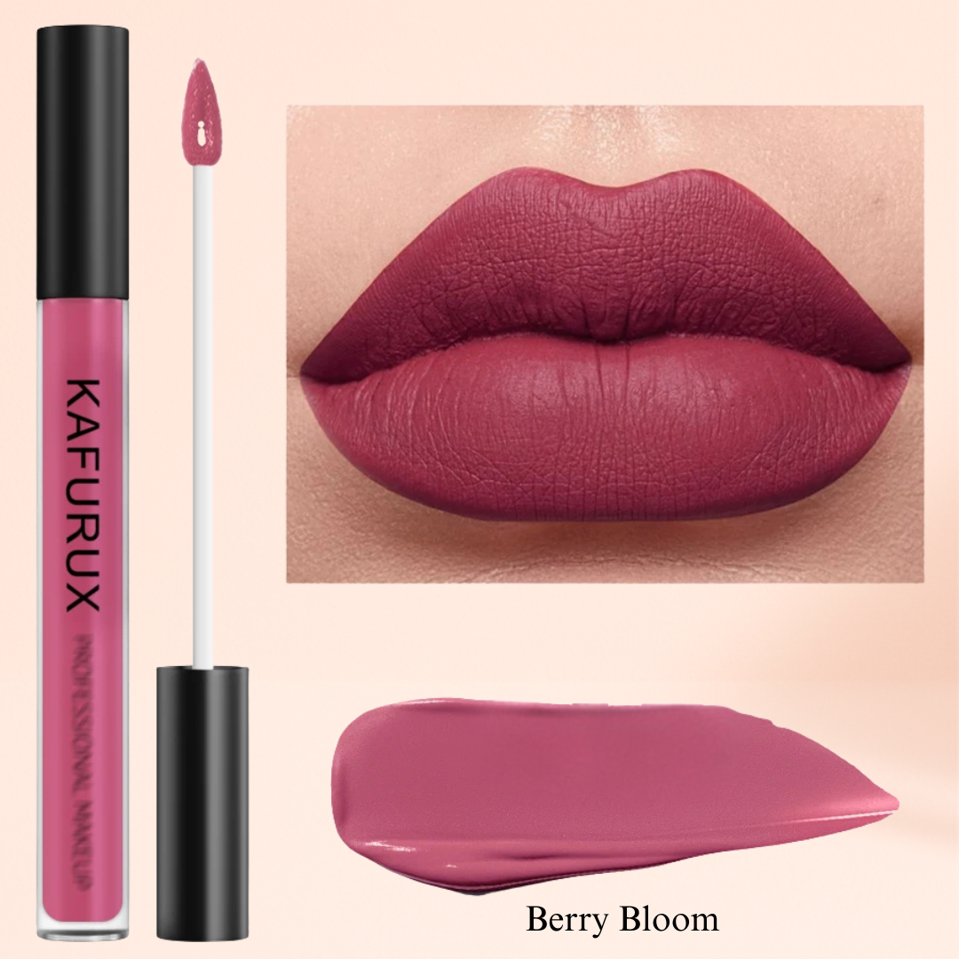 Berry Bloom pink matte lipstick – highly pigmented lip glaze from KAFURUX