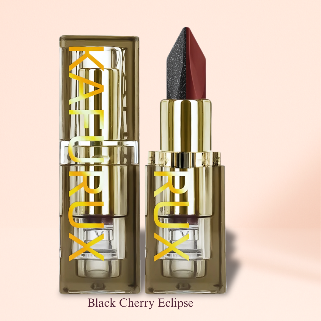 KAFURUX Black Cherry Eclipse lipstick featuring dark cherry and black glitter blend in gold packaging