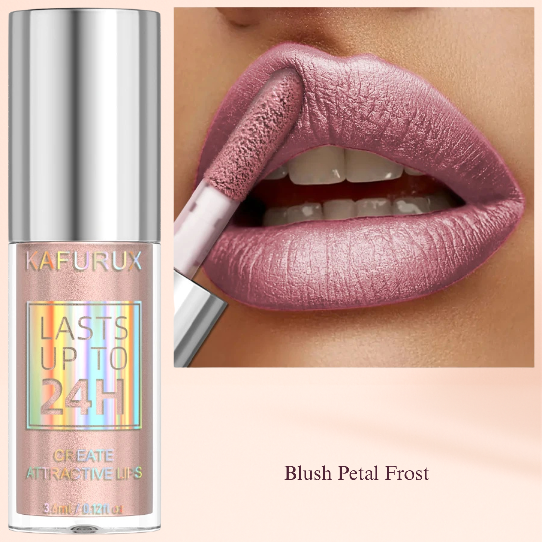 Blush Petal Frost lip gloss by KAFURUX – pearlescent shine, hydrating formula for UK and EU women