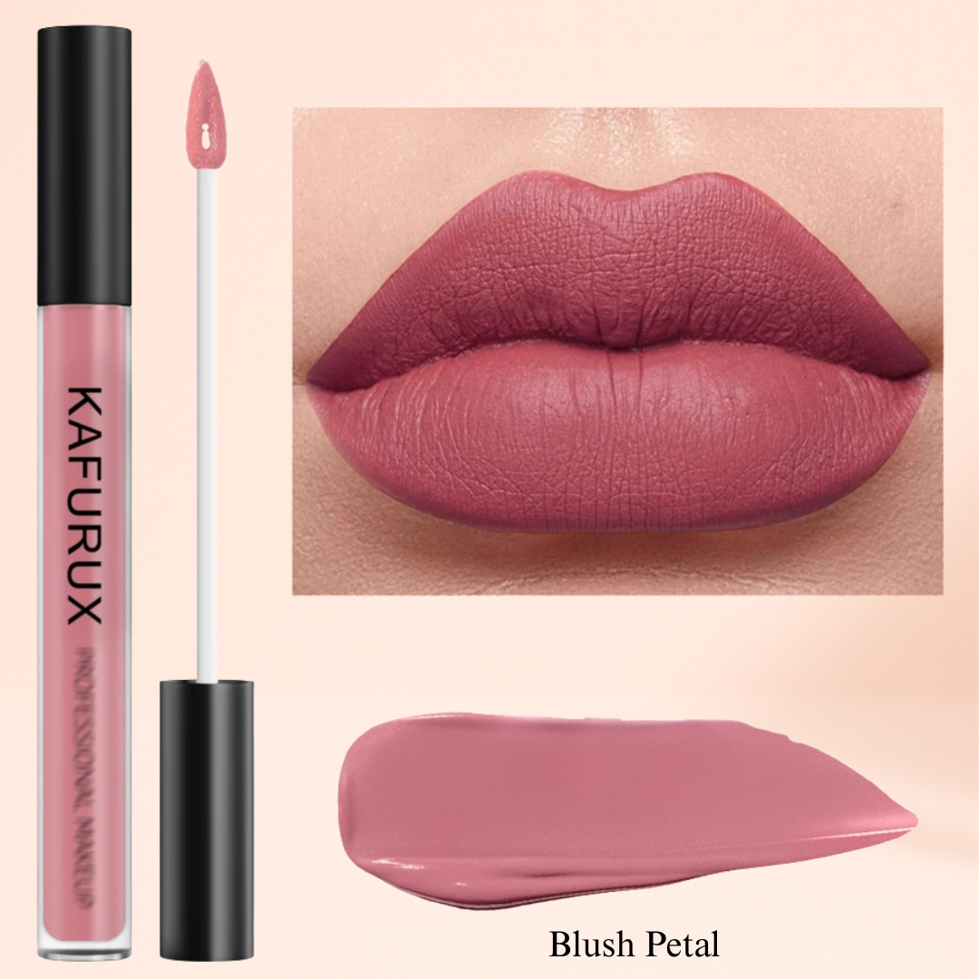 KAFURUX Blush Petal – light pink velvet matte lipstick for soft feminine touch