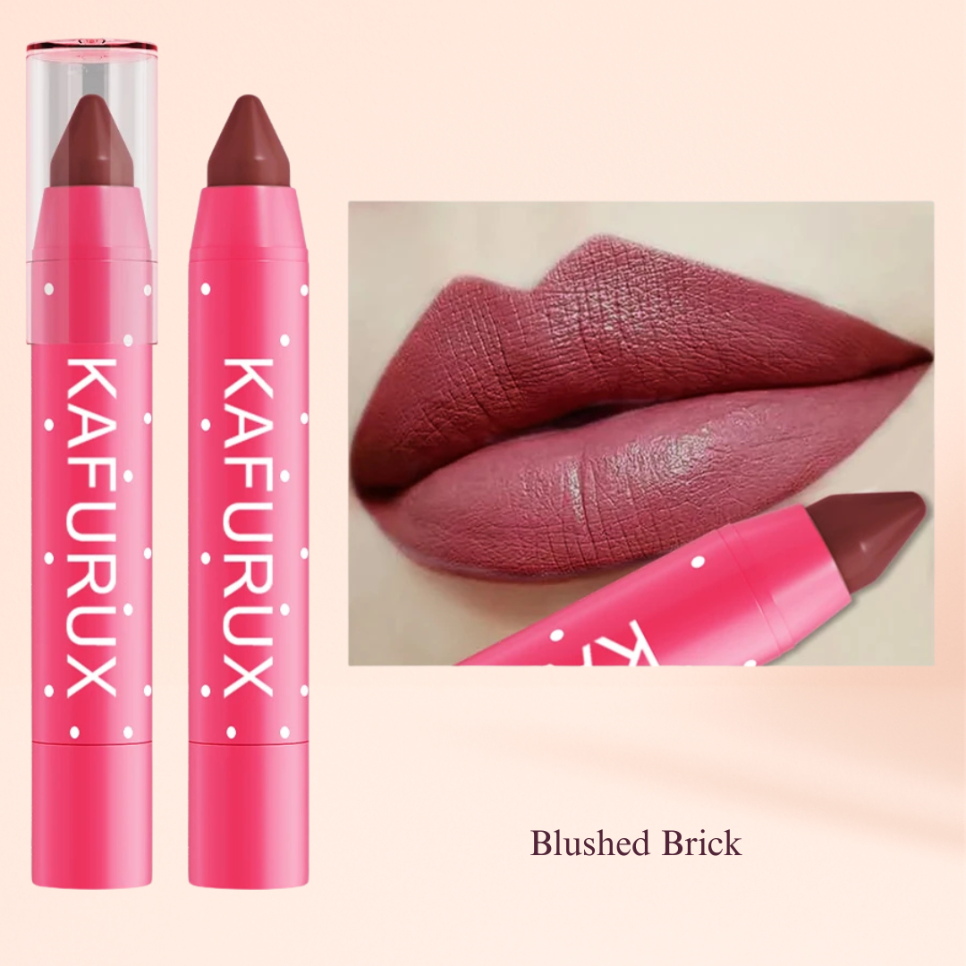 KAFURUX Matte Lipstick Pencil – KAFURUX Blushed Brick matte lipstick pencil swatch on lips – long-lasting waterproof red tone for bold UK & US makeup looks