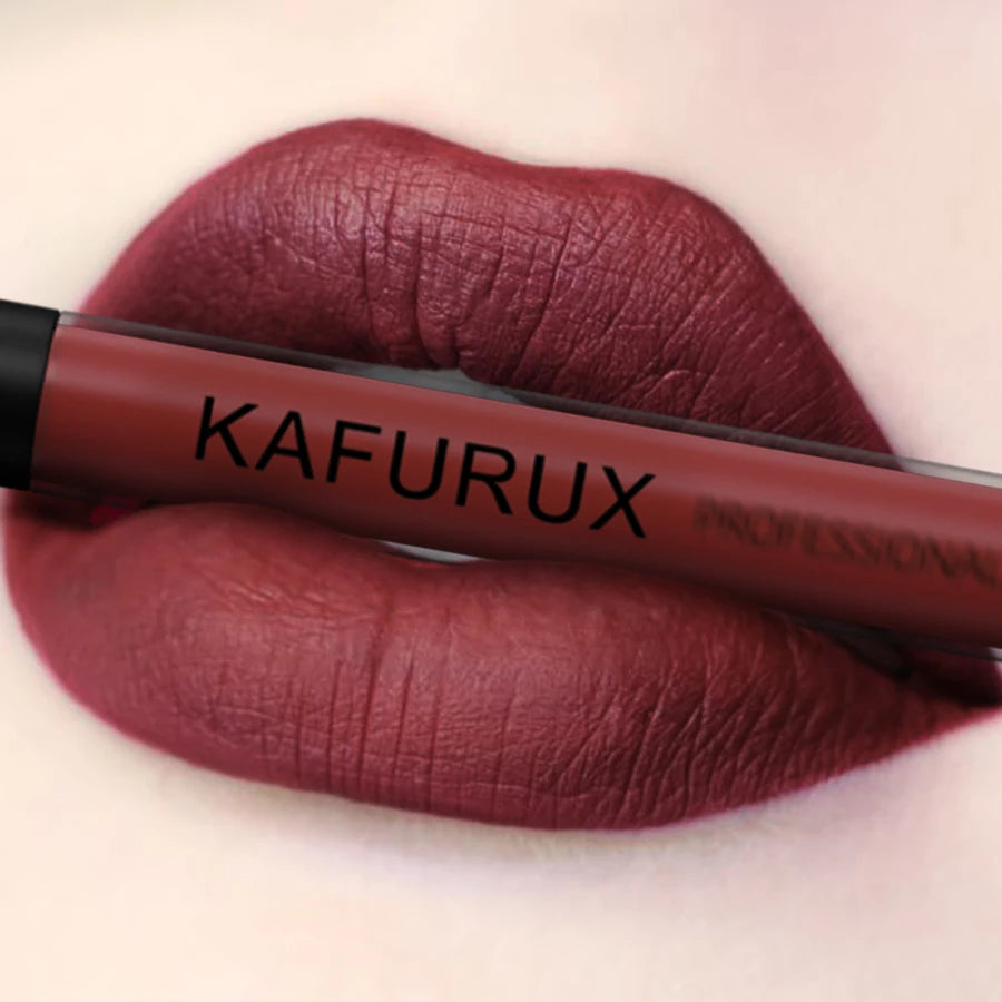 Deep burgundy waterproof matte lipstick by KAFURUX for dramatic European glam look