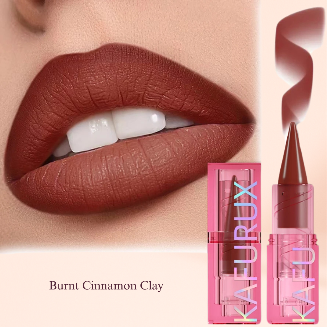 Burnt Cinnamon Clay matte lipstick by KAFURUX in earthy red-brown hue