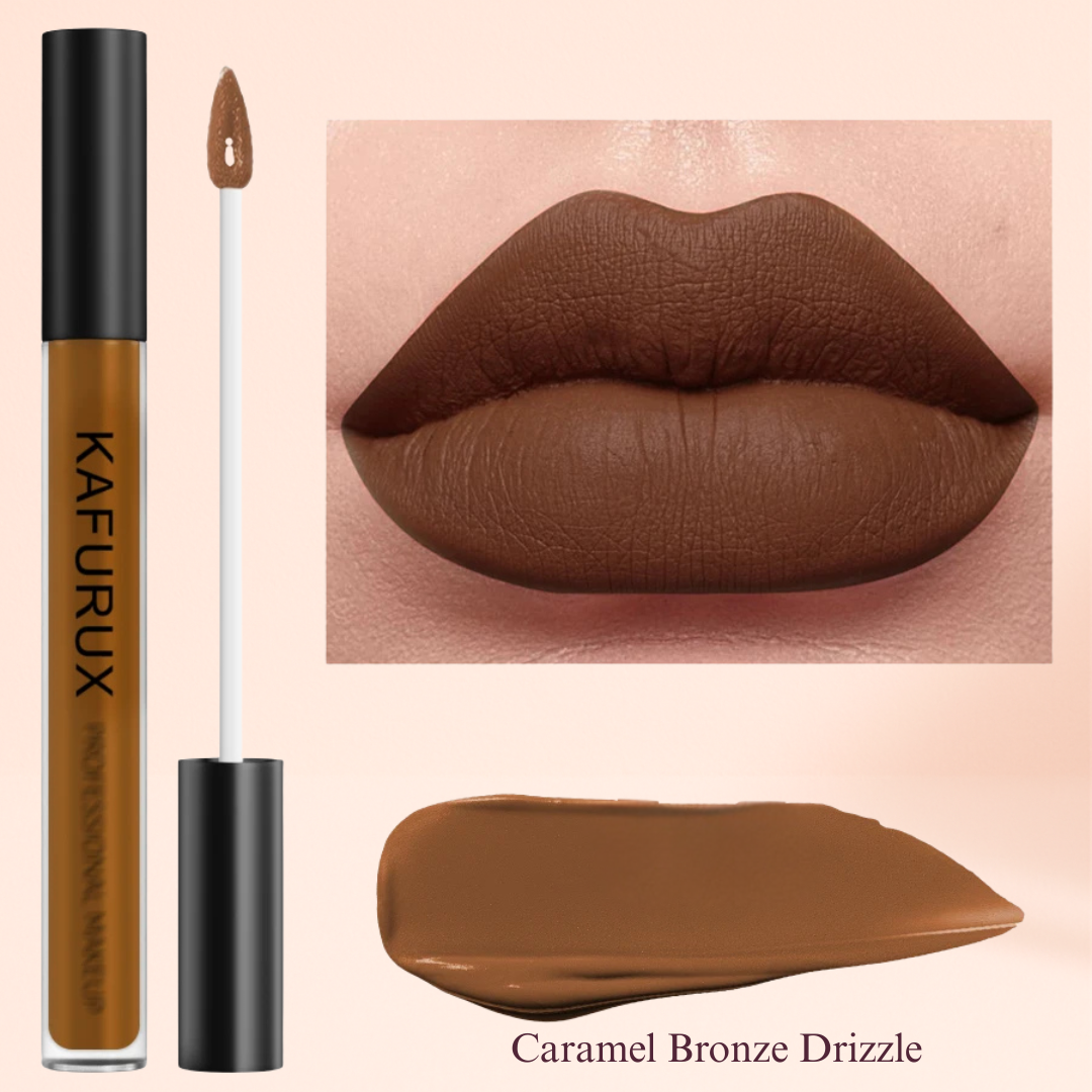 KAFURUX Caramel Bronze Drizzle – warm brown matte lipstick for bold melanin-rich beauty looks USA/UK