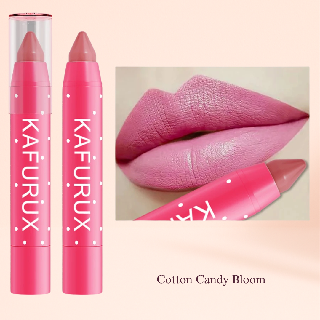 Cotton Candy Bloom light pink matte lipstick pencil by KAFURUX – playful pastel shade ideal for UK and USA makeup lovers
