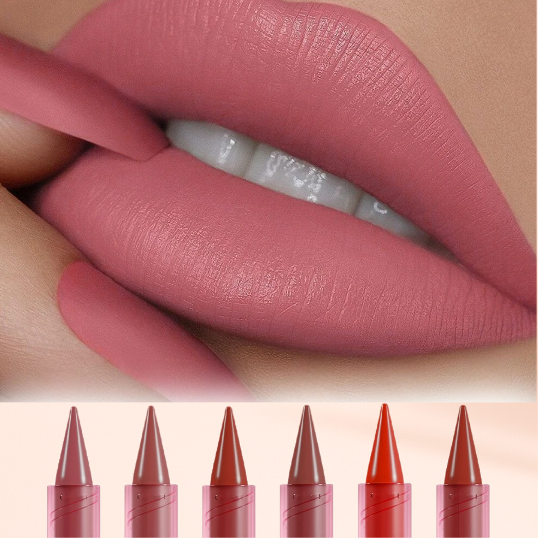 Close-up of KAFURUX matte lipstick in dusty rose shade with velvet soft texture