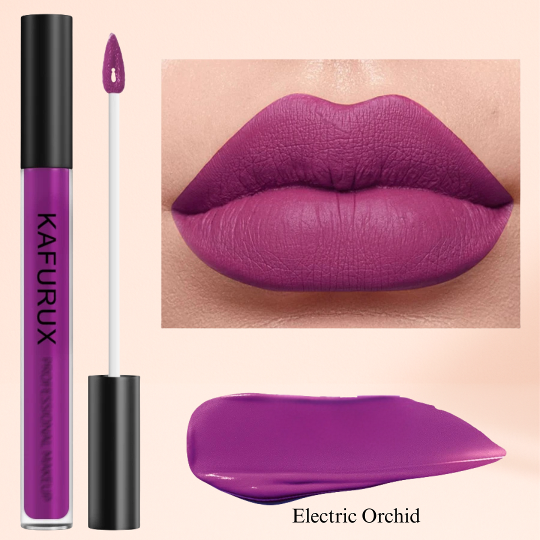 Electric Orchid – bold purple matte lipstick by KAFURUX for daring UK and European fashionistas