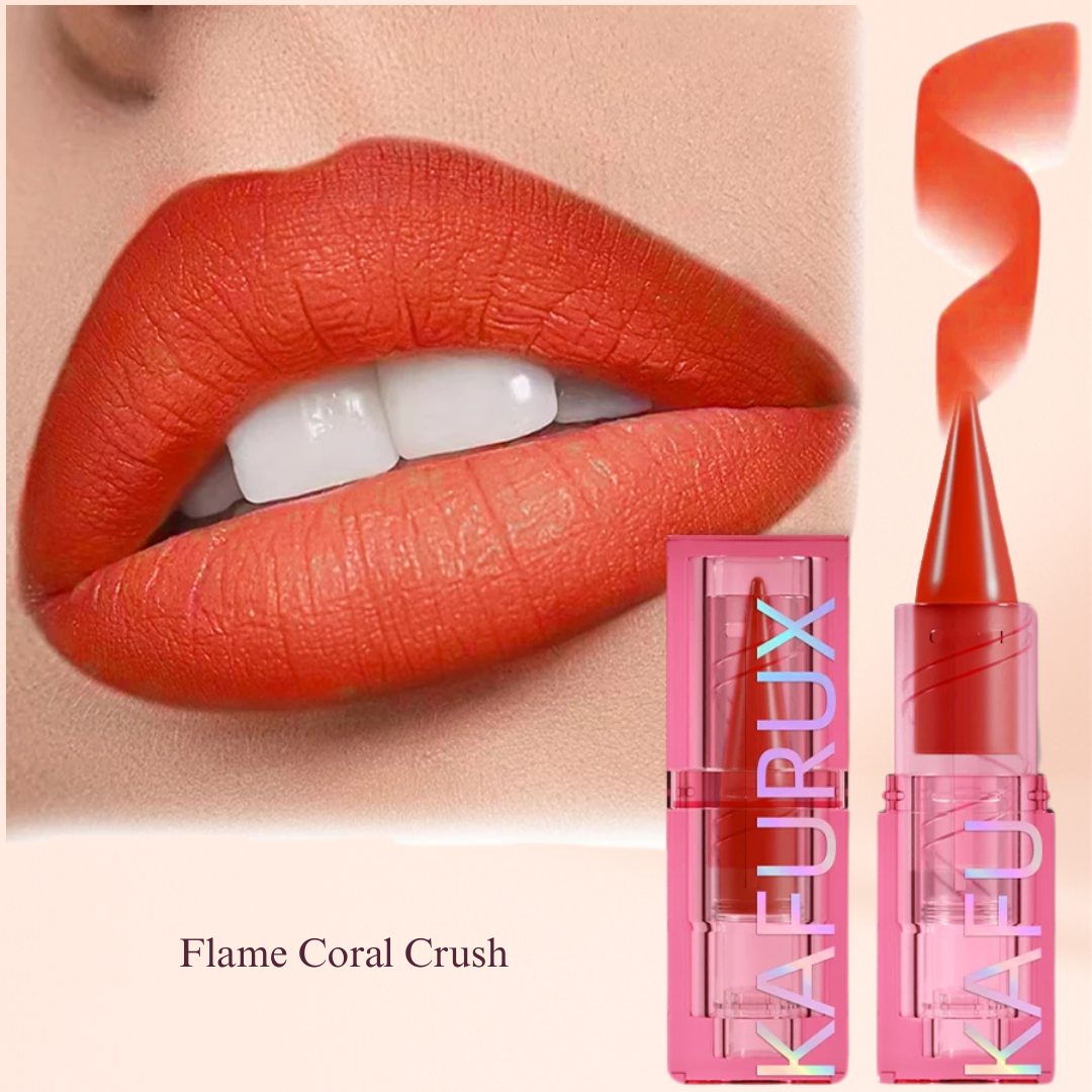 Flame Coral Crush matte lipstick from KAFURUX in fiery orange-red tone
