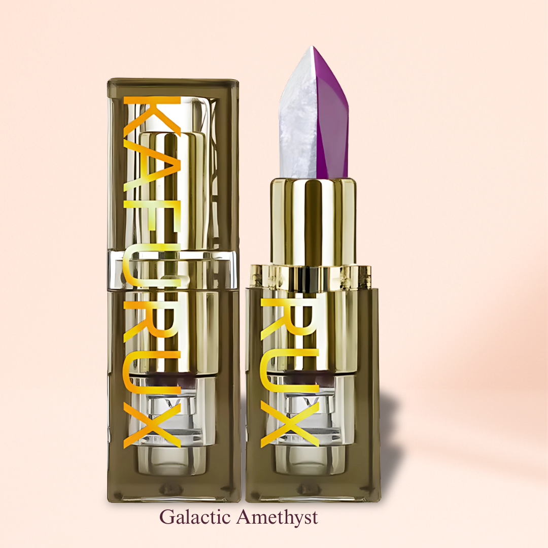 KAFURUX Galactic Amethyst lipstick with dual-tone purple and crystal shimmer in gold case for cosmic glam look