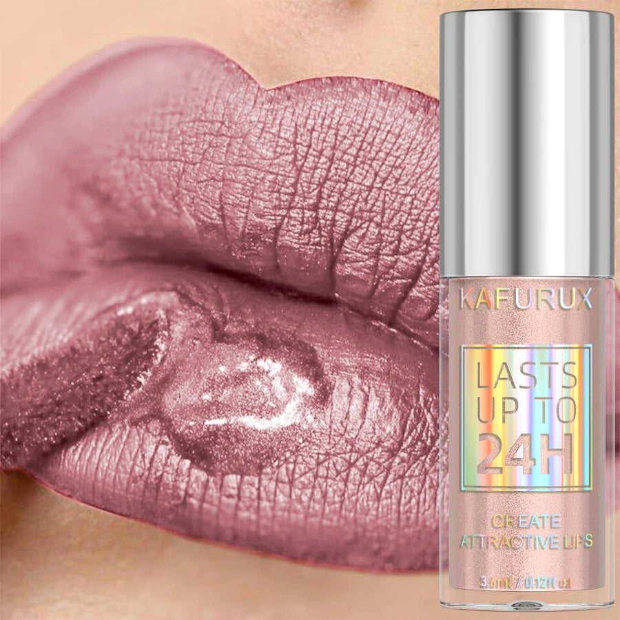 Close-up of shimmering light pink KAFURUX lip glaze on glossy lips for USA beauty trend