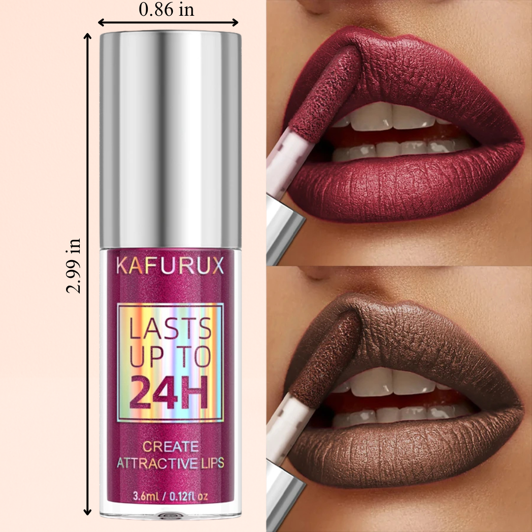 Dimensions view of KAFURUX lip gloss bottle with red and brown shimmer lip colors