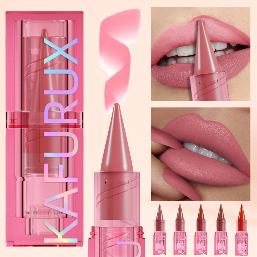 Multiple KAFURUX lipstick pen shades with swatches and lip application shown
