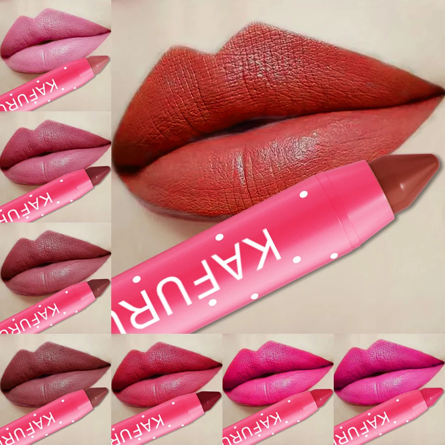 KAFURUX Matte Lipstick Pencil – Multi-shade lip swatch set of KAFURUX nude and bold waterproof matte lipsticks – long-lasting lip color for US/UK